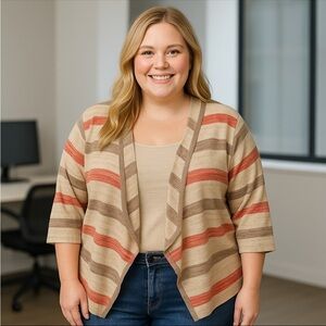 Torrid Womens Size 3 Striped Open Front Cardigan Beige Coral Brown Lightweight